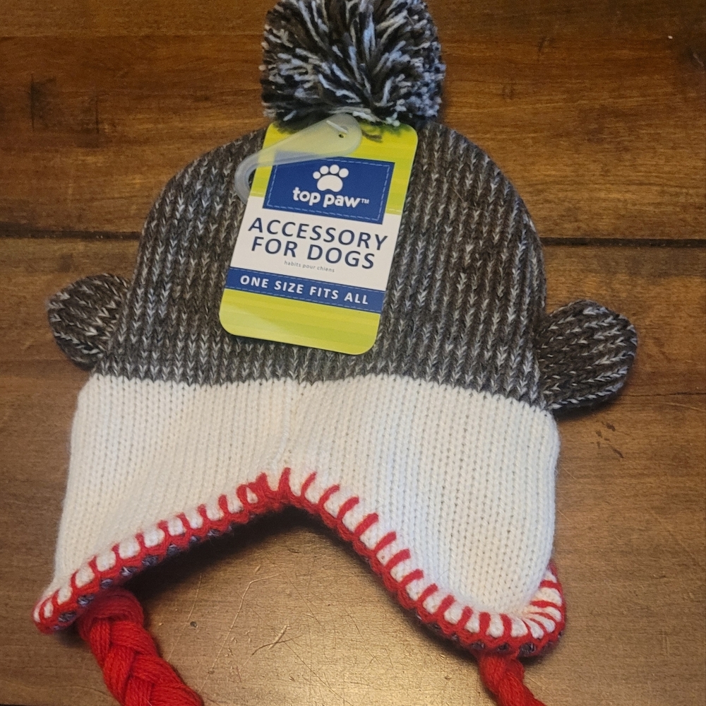 Top Paw Gray and White Dog Hat with Red Braids